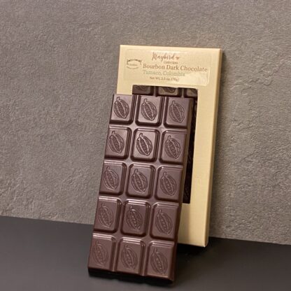 Chocolate bar in front of gold box and inside gold box