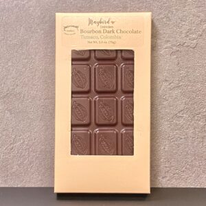 Bourbon Barrel Aged Dark Chocolate bar in gold box