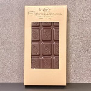Bourbon Barrel Aged Dark Chocolate bar in gold box