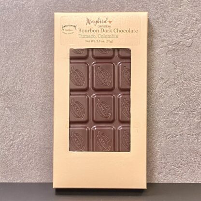 Bourbon Barrel Aged Dark Chocolate bar in gold box
