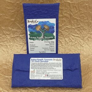 Kokoa Kamili Dark Chocolate bar in blue wrapper with gold background