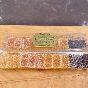 12 piece box of Pate de Fruit, open to show flavors: muscadine, peach, satsuma orange, and blueberry.