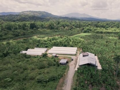 Reserva Zorzal Chocolate facility in Dominican rainforest. Aerial view of white buildings surrounded by lush greenery